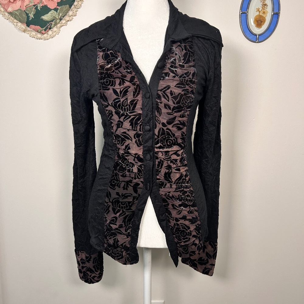 90's Black Floral Button Top